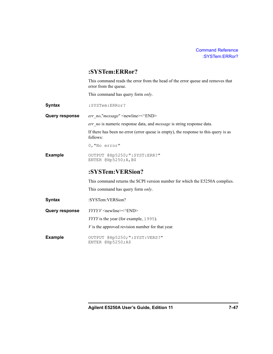 System:error, System:version | Agilent Technologies Agilent E5250A User Manual | Page 215 / 326