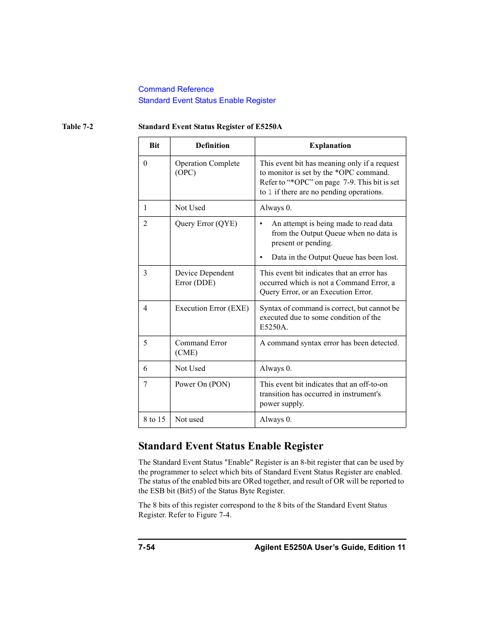 Standard event status enable register, Standard event status enable register -54 | Agilent Technologies Agilent E5250A User Manual | Page 222 / 326