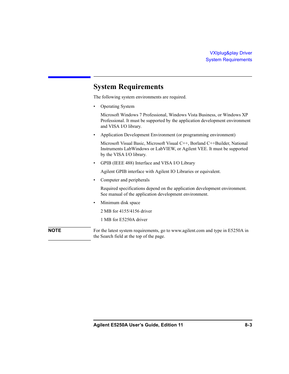 System requirements, System requirements -3 | Agilent Technologies Agilent E5250A User Manual | Page 227 / 326