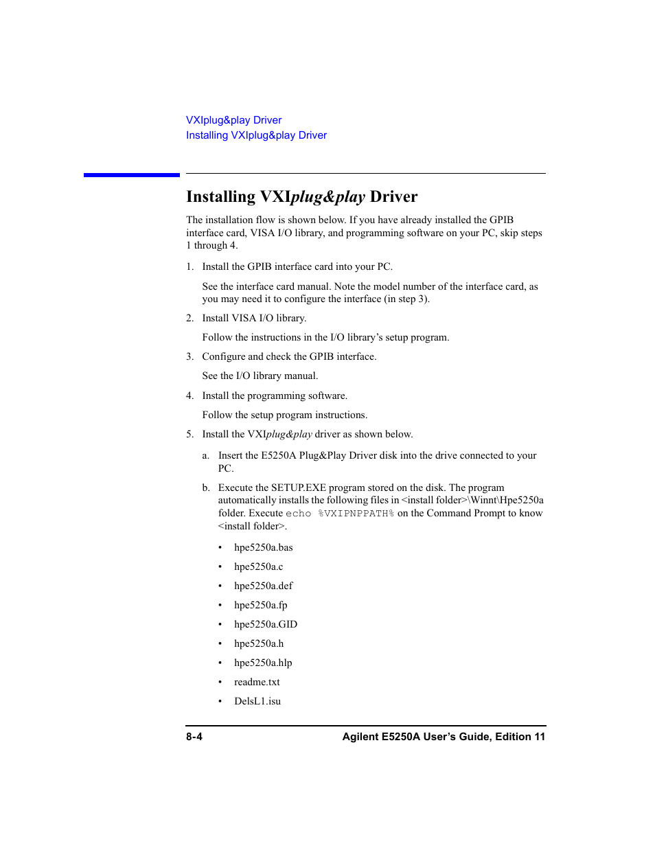 Installing vxiplug&play driver, Installing vxi plug&play driver -4, Installing vxi plug&play driver | Agilent Technologies Agilent E5250A User Manual | Page 228 / 326