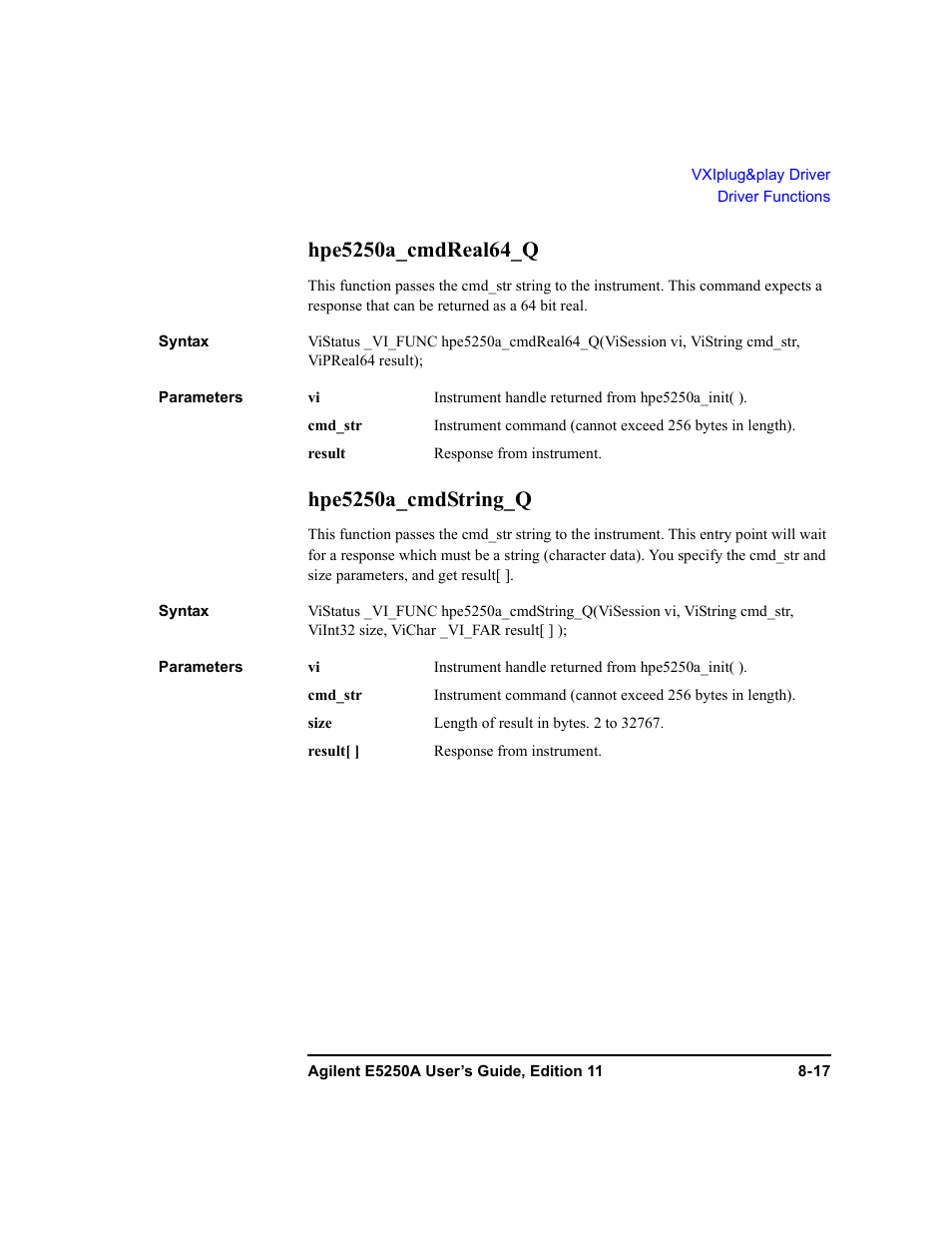 Hpe5250a_cmdreal64_q, Hpe5250a_cmdstring_q | Agilent Technologies Agilent E5250A User Manual | Page 241 / 326