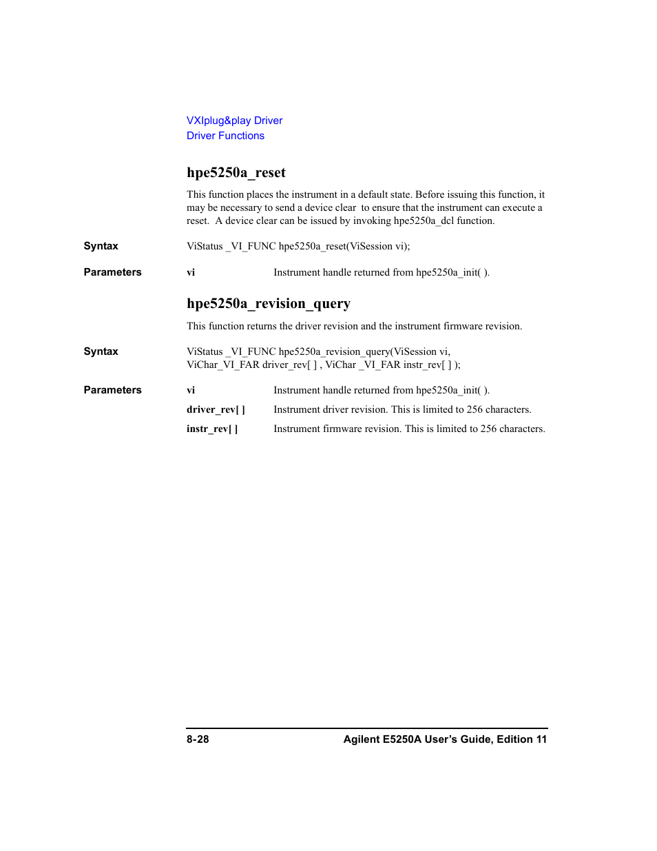 Hpe5250a_reset, Hpe5250a_revision_query | Agilent Technologies Agilent E5250A User Manual | Page 252 / 326