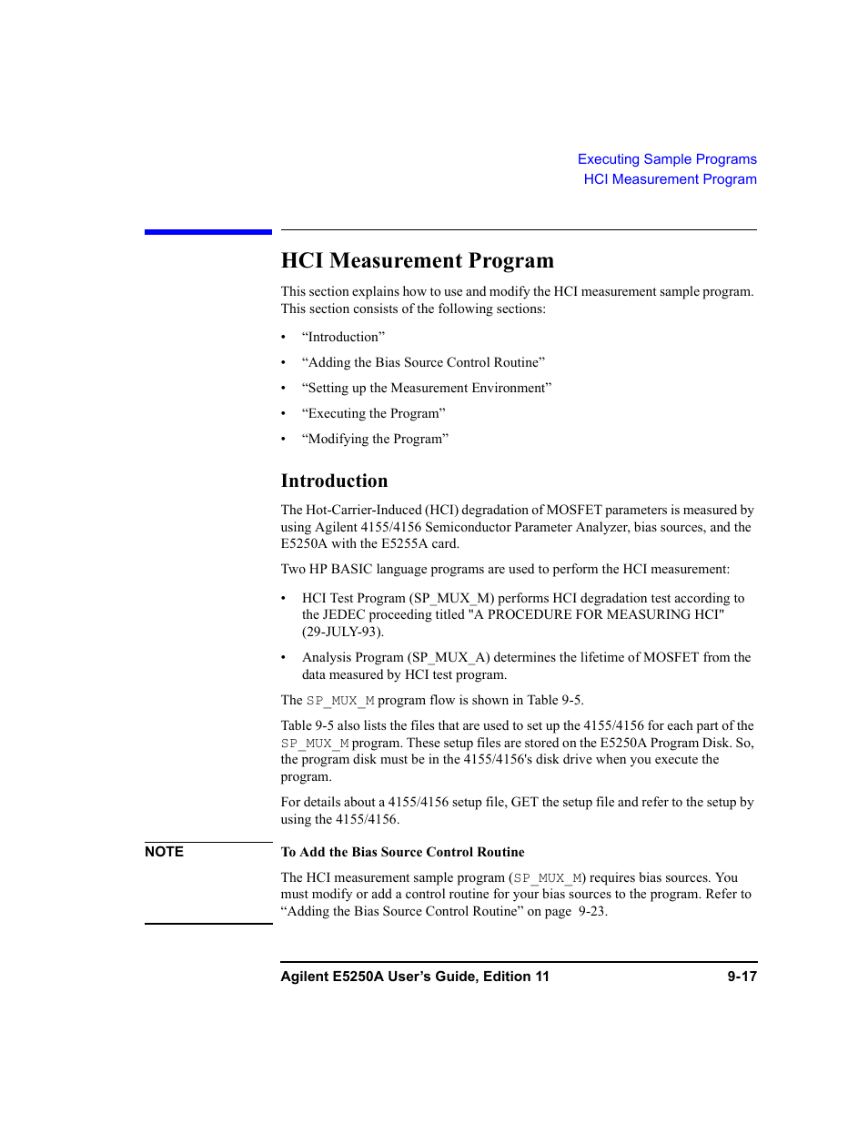 Hci measurement program, Introduction, Hci measurement program -17 | Introduction -17 | Agilent Technologies Agilent E5250A User Manual | Page 273 / 326