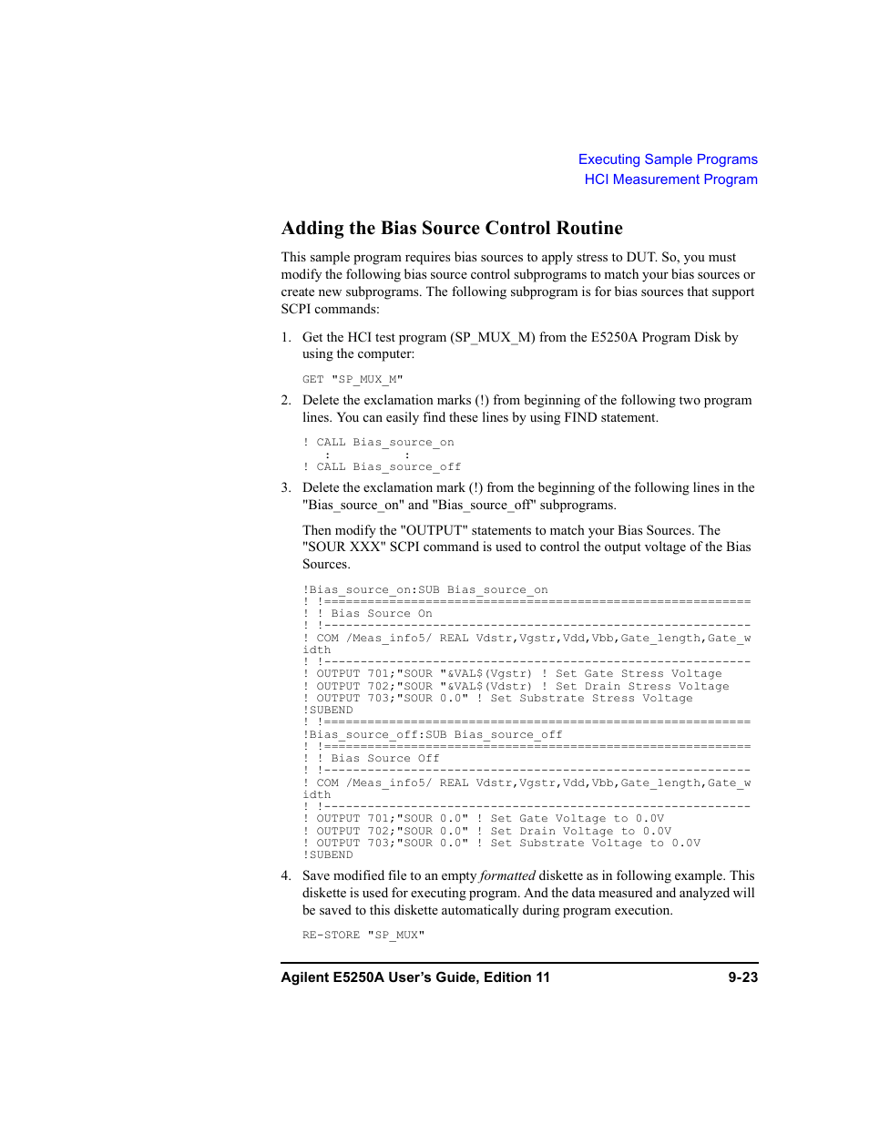 Adding the bias source control routine, Adding the bias source control routine -23 | Agilent Technologies Agilent E5250A User Manual | Page 279 / 326