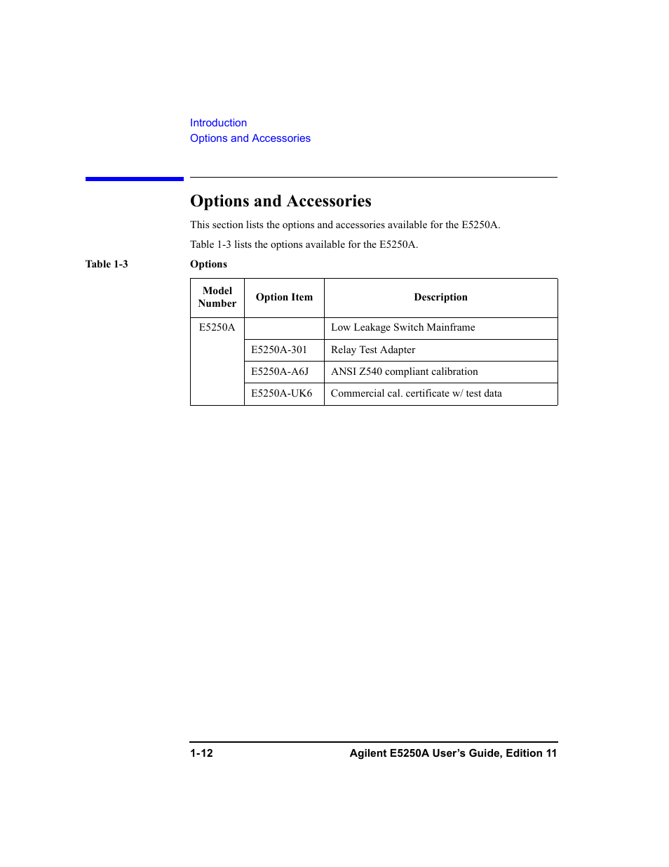 Options and accessories, Options and accessories -12 | Agilent Technologies Agilent E5250A User Manual | Page 28 / 326