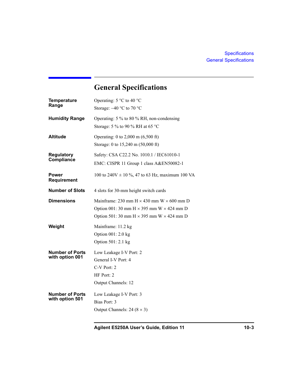General specifications | Agilent Technologies Agilent E5250A User Manual | Page 297 / 326