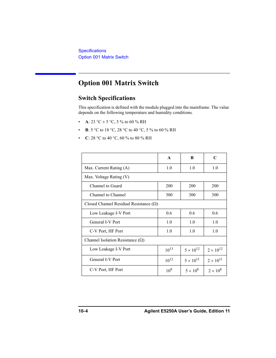 Option 001 matrix switch, Switch specifications | Agilent Technologies Agilent E5250A User Manual | Page 298 / 326