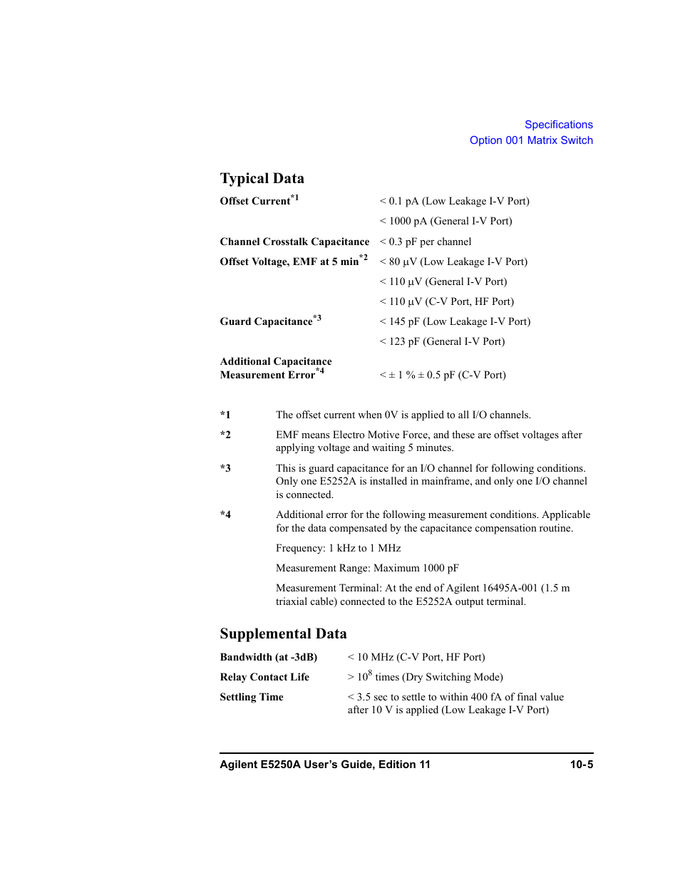 Typical data, Supplemental data | Agilent Technologies Agilent E5250A User Manual | Page 299 / 326