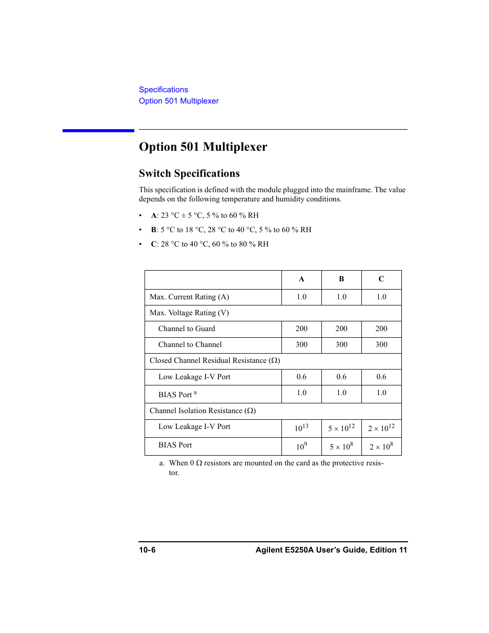 Option 501 multiplexer, Switch specifications | Agilent Technologies Agilent E5250A User Manual | Page 300 / 326