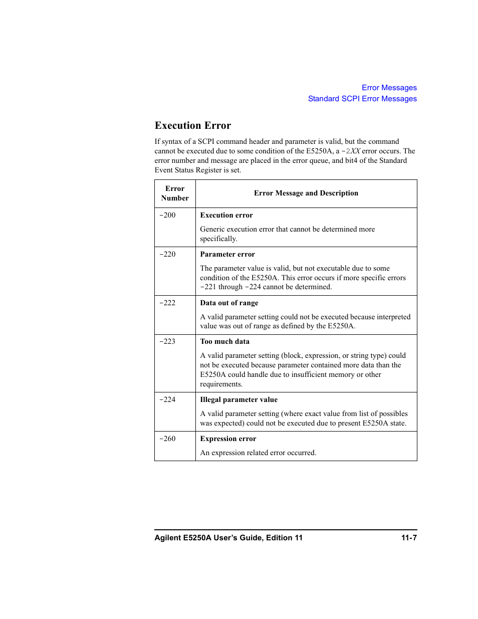 Execution error | Agilent Technologies Agilent E5250A User Manual | Page 311 / 326