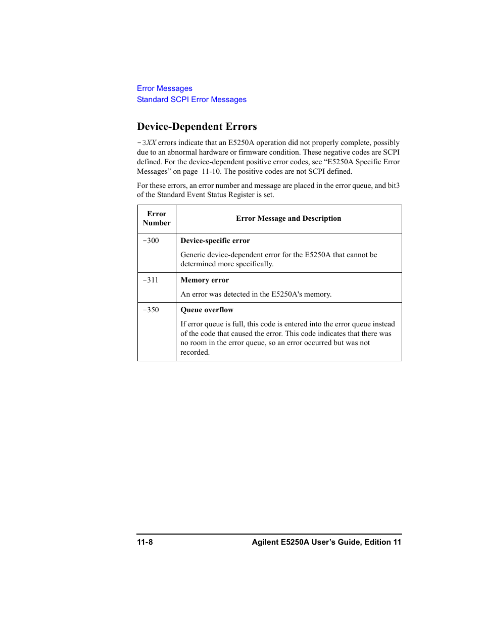 Device-dependent errors | Agilent Technologies Agilent E5250A User Manual | Page 312 / 326