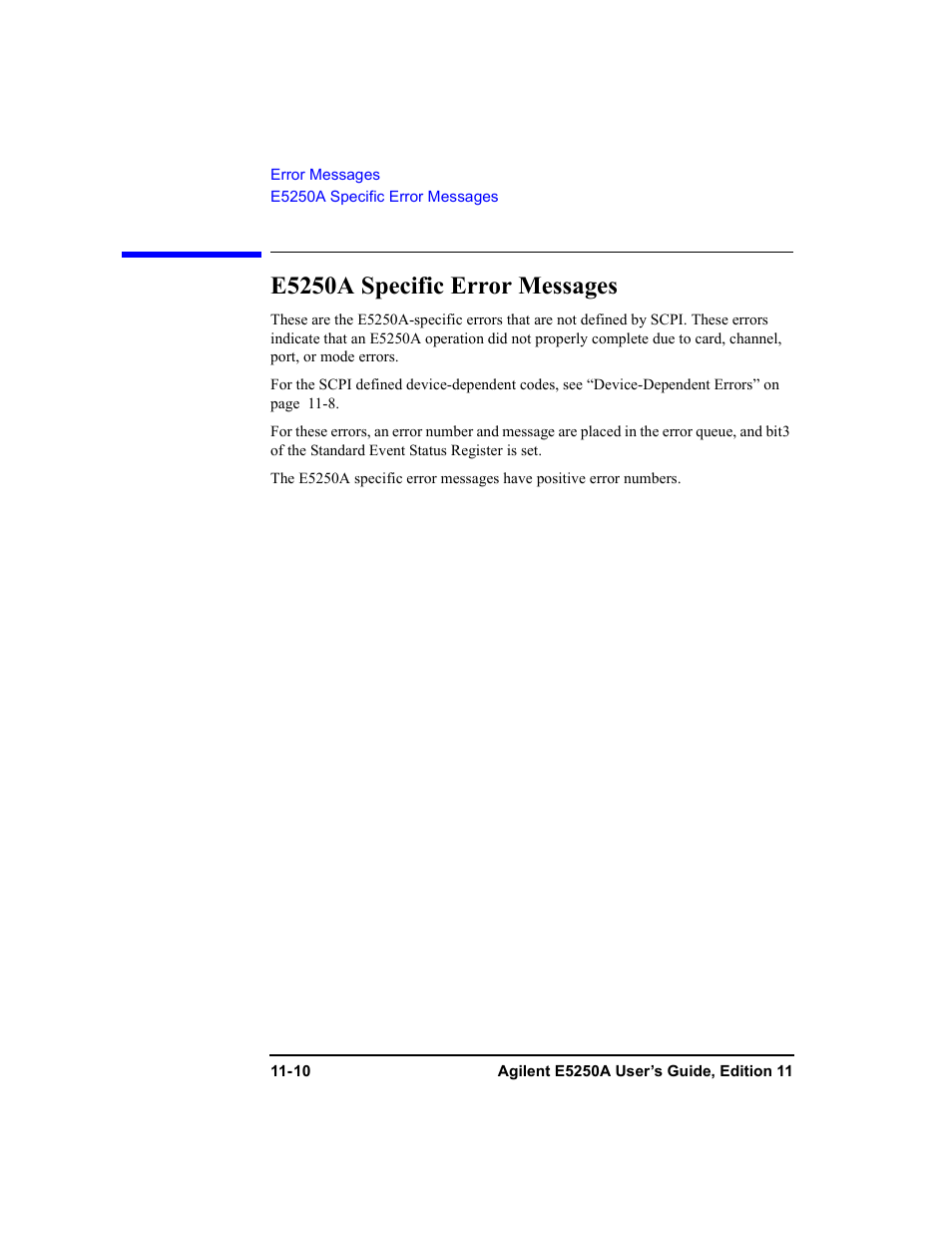 E5250a specific error messages | Agilent Technologies Agilent E5250A User Manual | Page 314 / 326