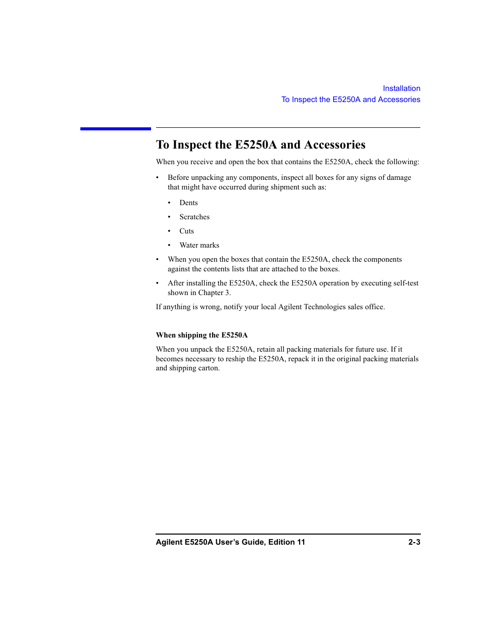 To inspect the e5250a and accessories, To inspect the e5250a and accessories -3, To inspect the e5250a and accessories” des | Agilent Technologies Agilent E5250A User Manual | Page 35 / 326