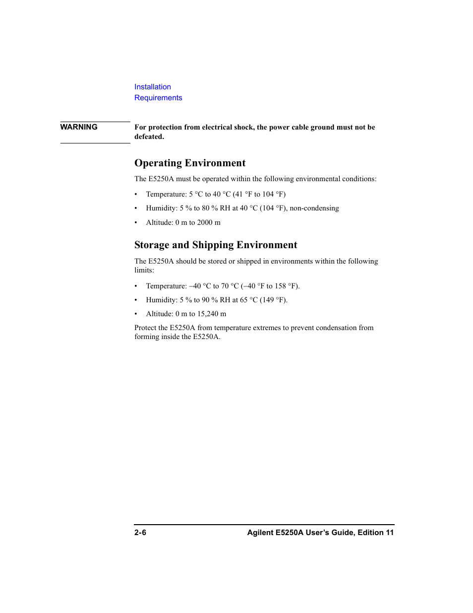 Operating environment, Storage and shipping environment | Agilent Technologies Agilent E5250A User Manual | Page 38 / 326