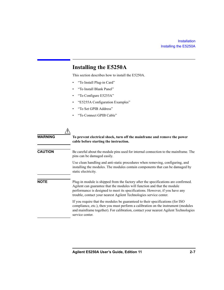 Installing the e5250a, Installing the e5250a -7 | Agilent Technologies Agilent E5250A User Manual | Page 39 / 326