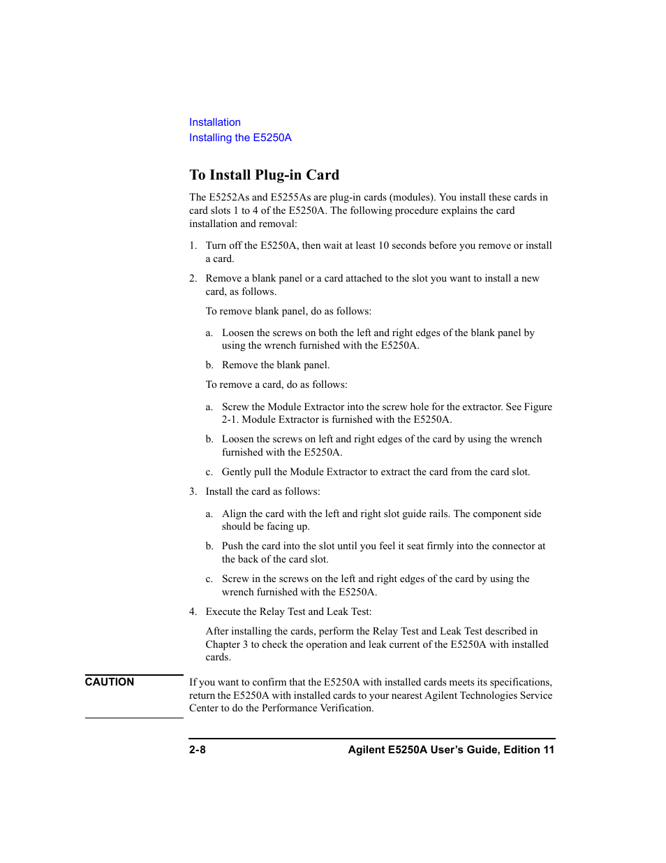 To install plug-in card, To install plug-in card -8 | Agilent Technologies Agilent E5250A User Manual | Page 40 / 326