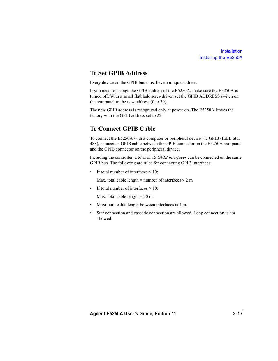 To set gpib address, To connect gpib cable, To set gpib address -17 to connect gpib cable -17 | Agilent Technologies Agilent E5250A User Manual | Page 49 / 326