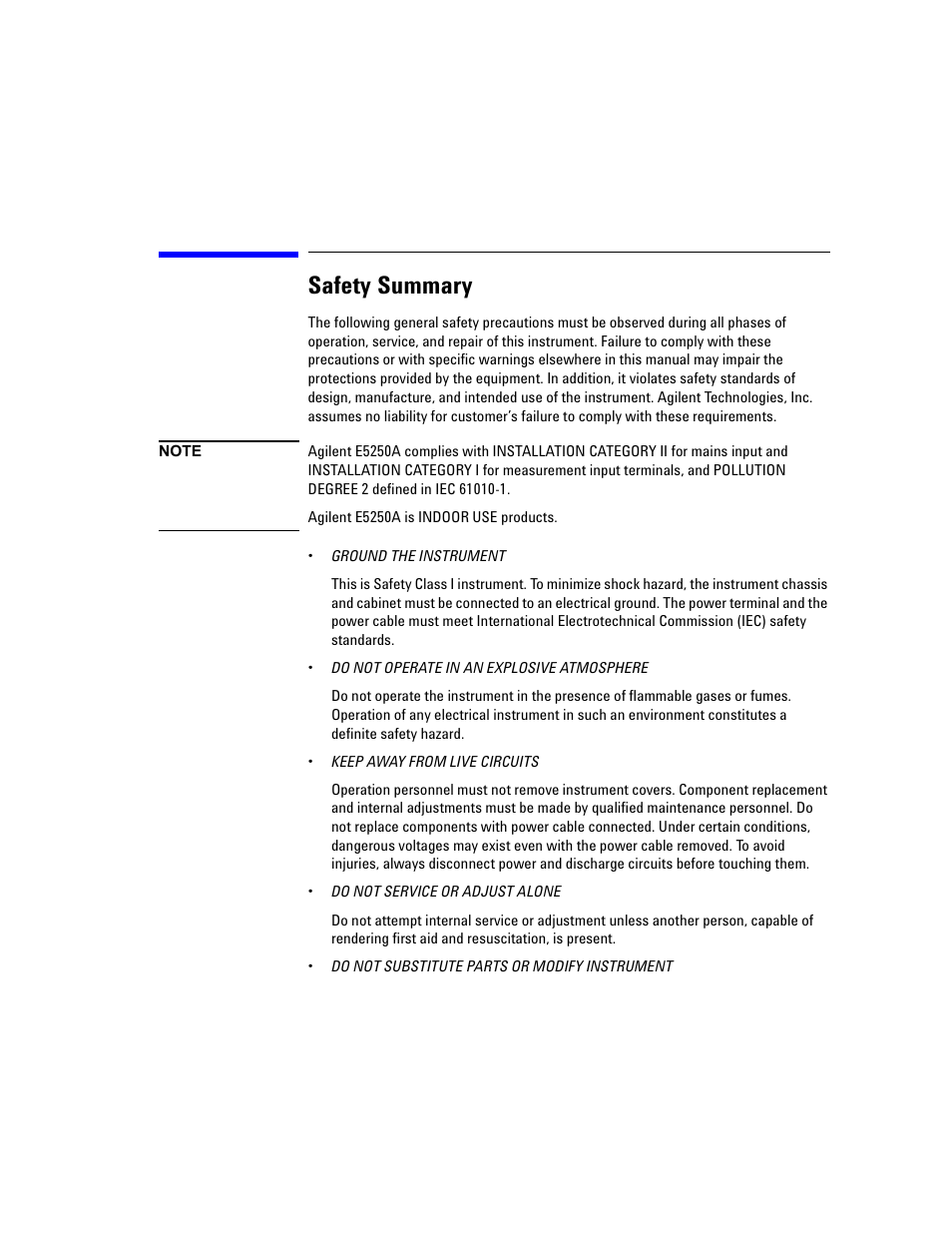Safety summary | Agilent Technologies Agilent E5250A User Manual | Page 5 / 326