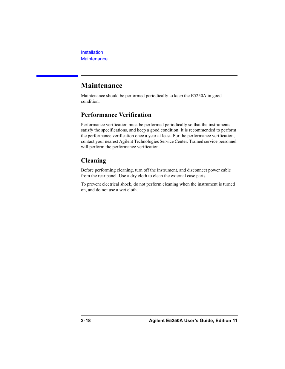 Maintenance, Performance verification, Cleaning | Maintenance -18, Performance verification -18 cleaning -18, Maintenance” d | Agilent Technologies Agilent E5250A User Manual | Page 50 / 326