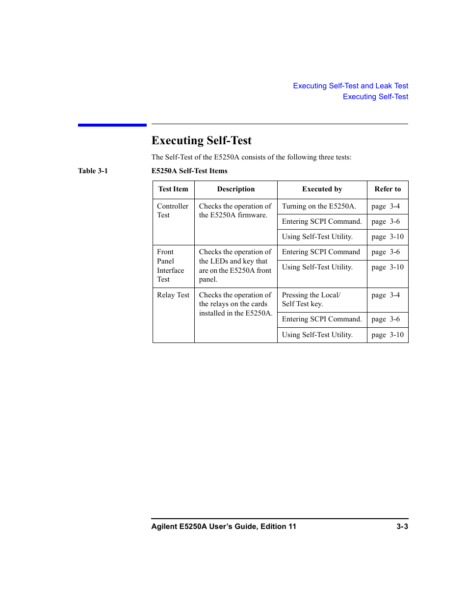 Executing self-test, Executing self-test -3 | Agilent Technologies Agilent E5250A User Manual | Page 53 / 326