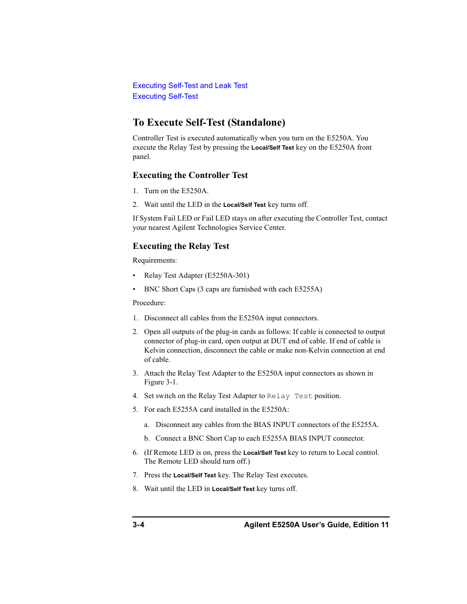 To execute self-test (standalone), To execute self-test (standalone) -4 | Agilent Technologies Agilent E5250A User Manual | Page 54 / 326