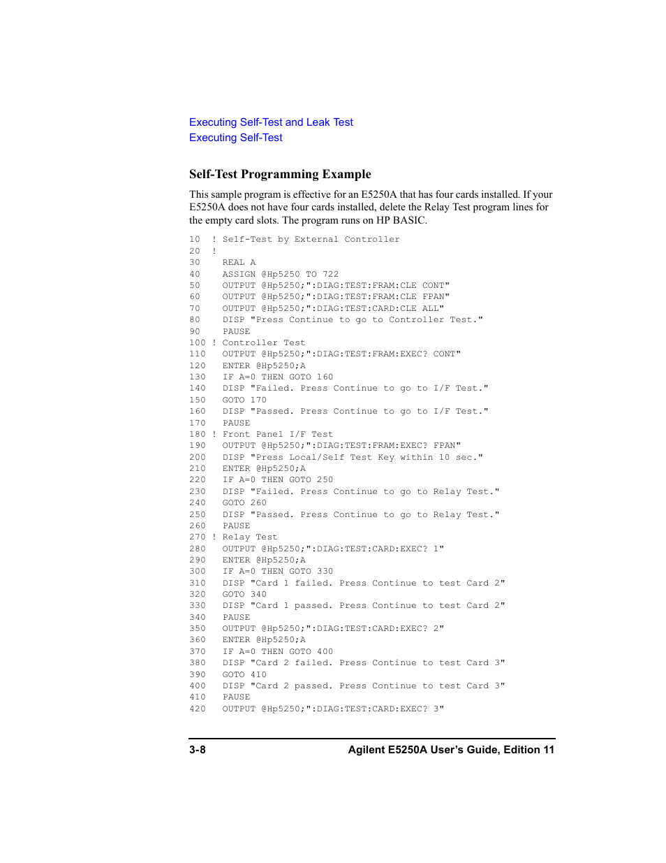 Self-test programming example | Agilent Technologies Agilent E5250A User Manual | Page 58 / 326