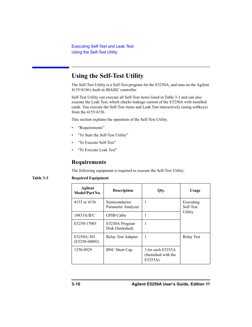 Using the self-test utility, Requirements, Using the self-test utility -10 | Requirements -10 | Agilent Technologies Agilent E5250A User Manual | Page 60 / 326