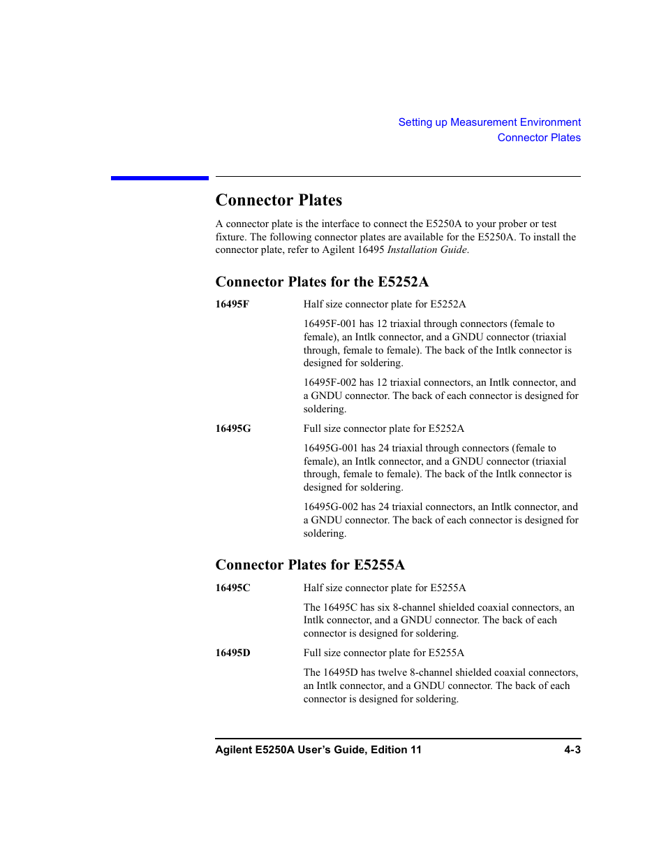 Connector plates, Connector plates for the e5252a, Connector plates for e5255a | Connector plates -3 | Agilent Technologies Agilent E5250A User Manual | Page 73 / 326
