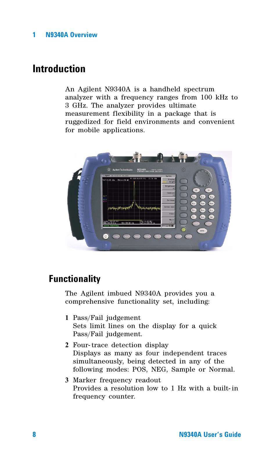 Introduction, Functionality | Agilent Technologies N9340A User Manual | Page 10 / 161