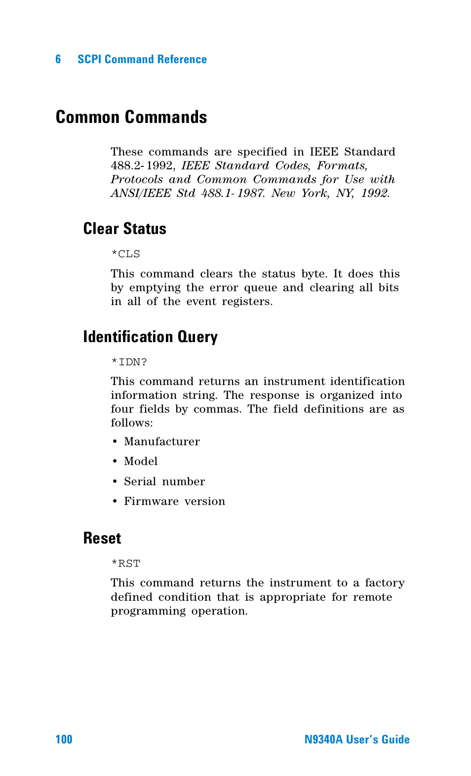 Common commands, Clear status, Identification query | Reset | Agilent Technologies N9340A User Manual | Page 102 / 161
