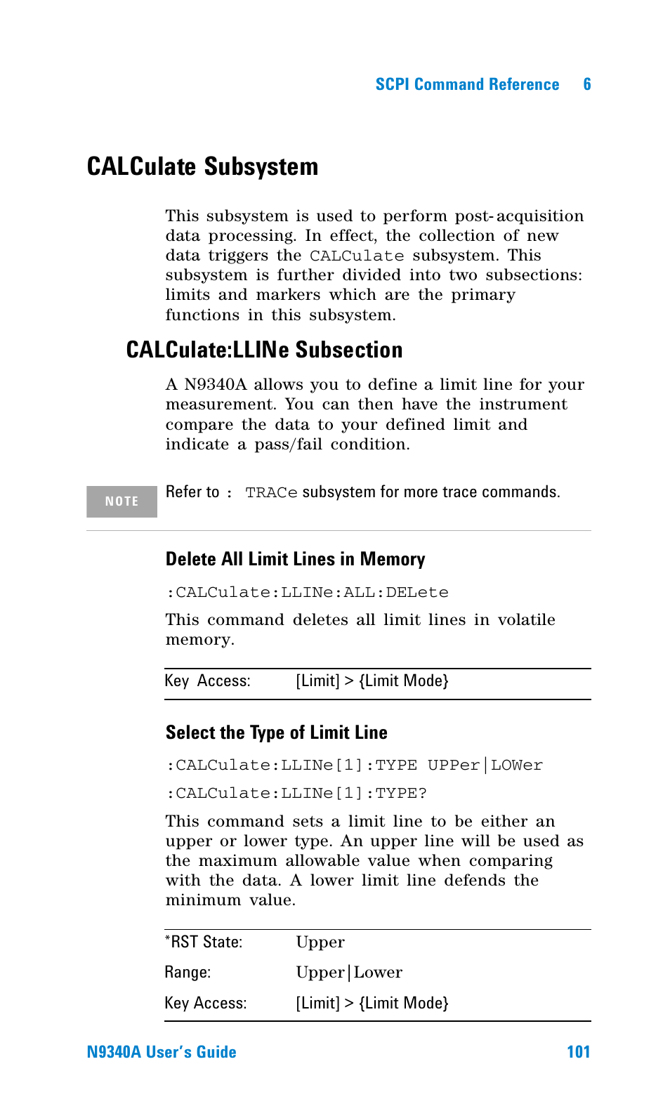 Calculate subsystem, Calculate:lline subsection | Agilent Technologies N9340A User Manual | Page 103 / 161