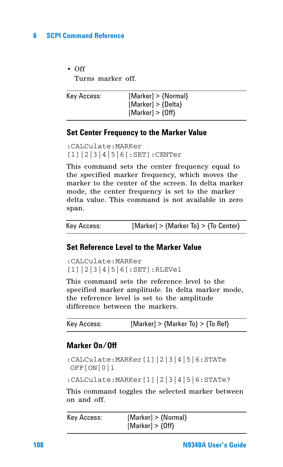 Set center frequency to the marker value, Set reference level to the marker value, Marker on/off | Agilent Technologies N9340A User Manual | Page 110 / 161