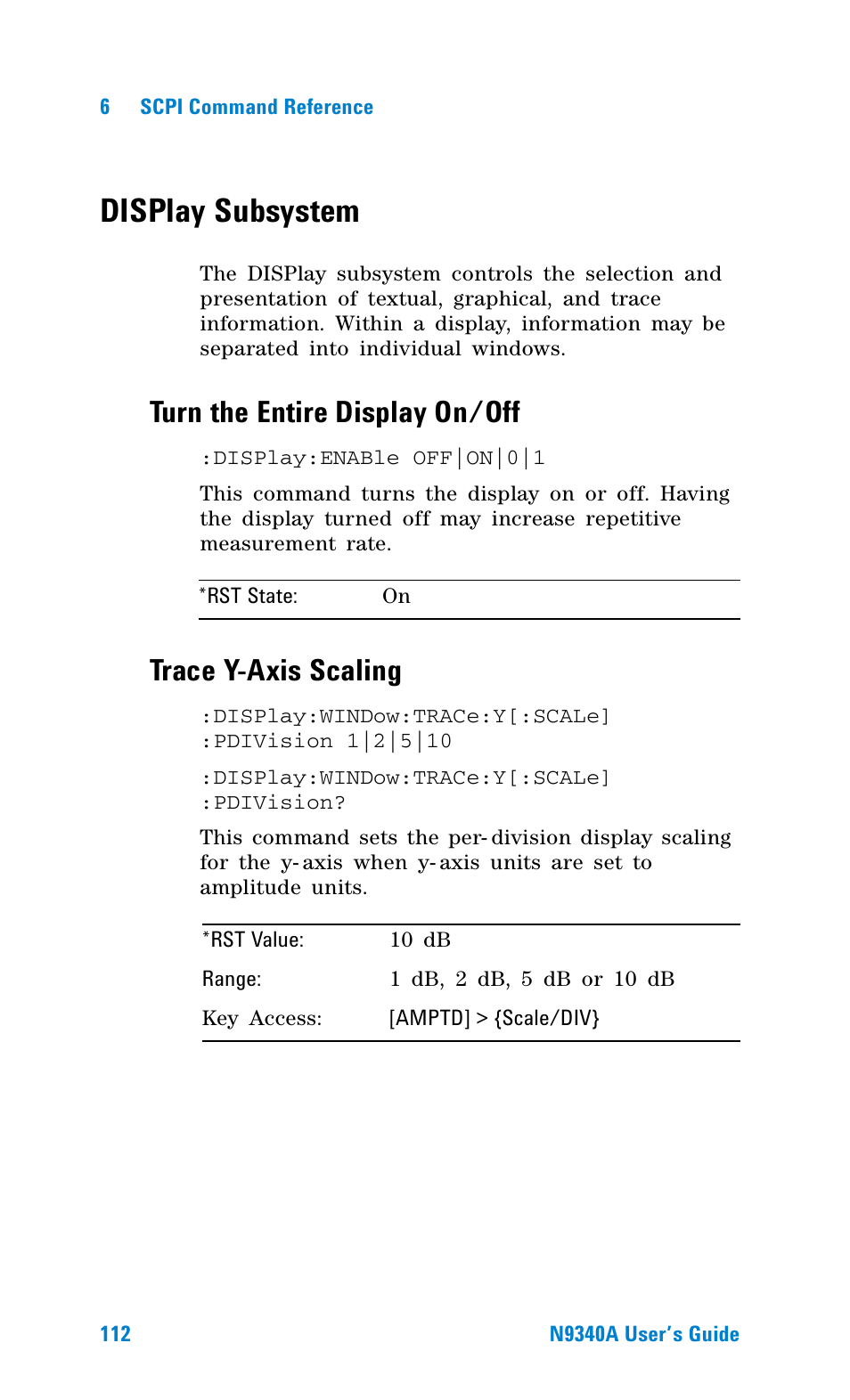 Display subsystem, Turn the entire display on/off, Trace y-axis scaling | Agilent Technologies N9340A User Manual | Page 114 / 161