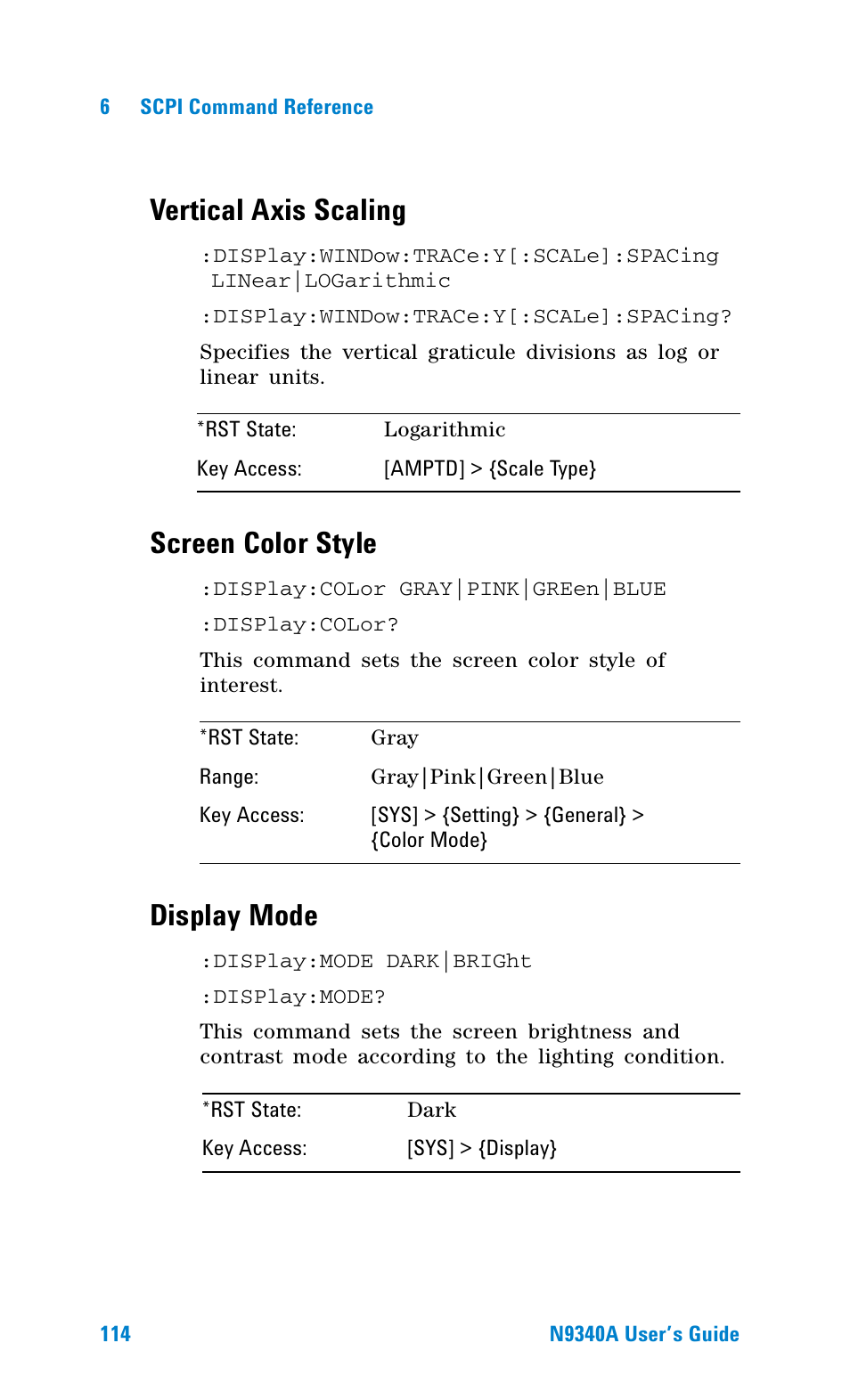 Vertical axis scaling, Screen color style, Display mode | Agilent Technologies N9340A User Manual | Page 116 / 161