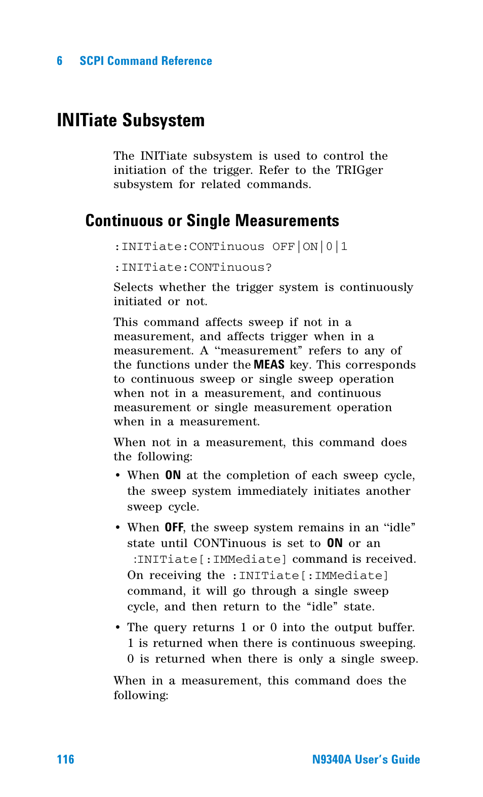 Initiate subsystem, Continuous or single measurements | Agilent Technologies N9340A User Manual | Page 118 / 161