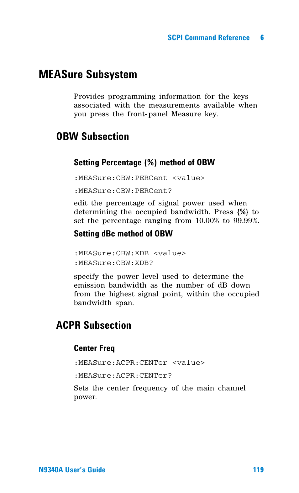 Measure subsystem, Obw subsection, Acpr subsection | Agilent Technologies N9340A User Manual | Page 121 / 161