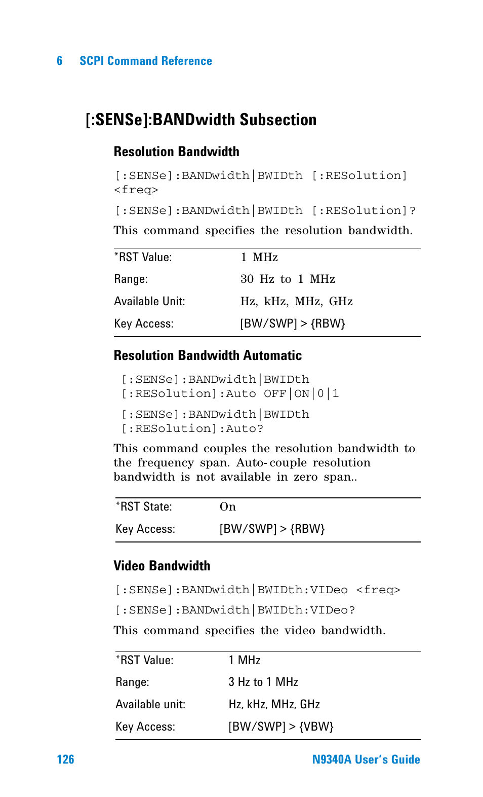 Sense]:bandwidth subsection | Agilent Technologies N9340A User Manual | Page 128 / 161