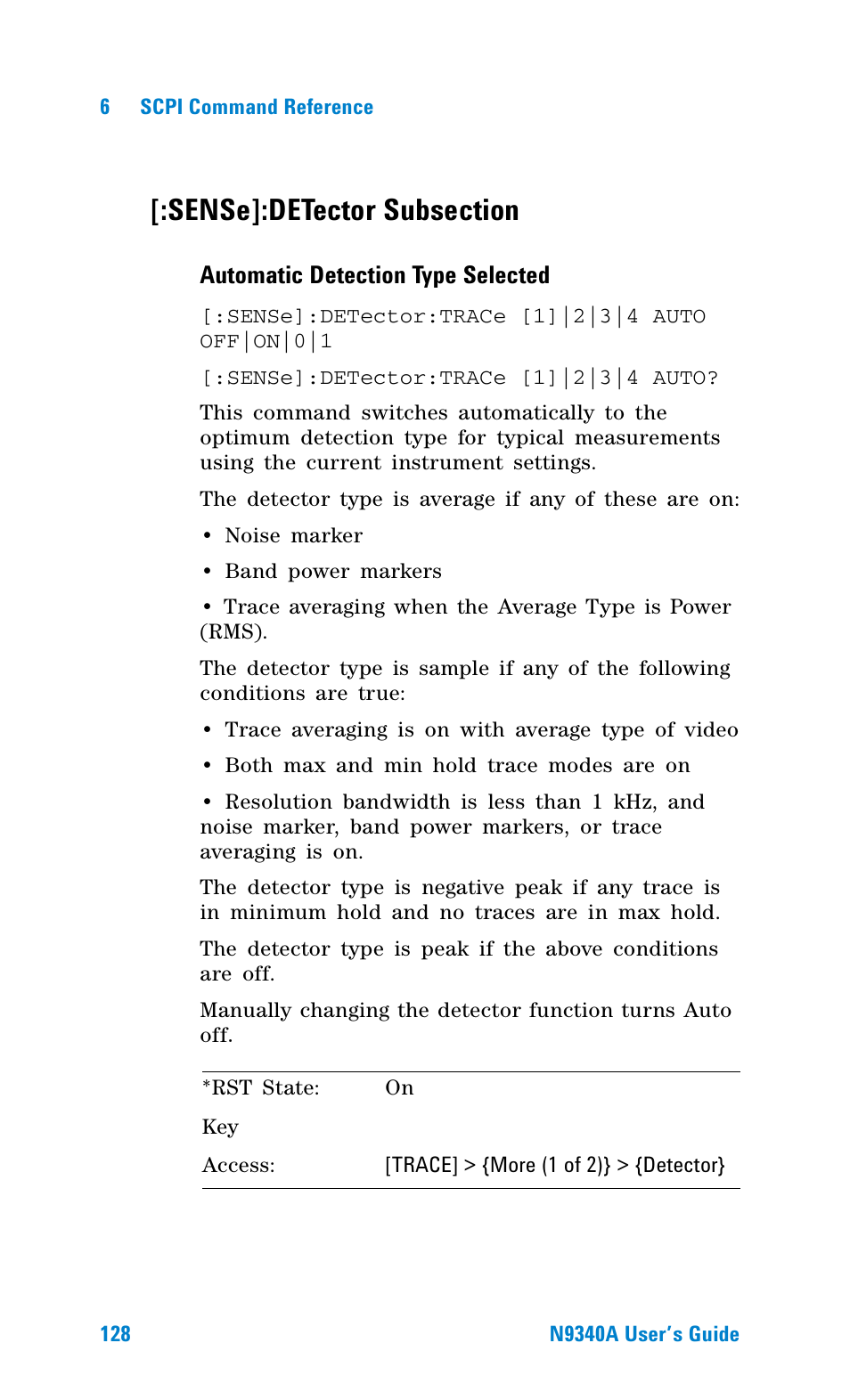 Sense]:detector subsection, Automatic detection type selected | Agilent Technologies N9340A User Manual | Page 130 / 161