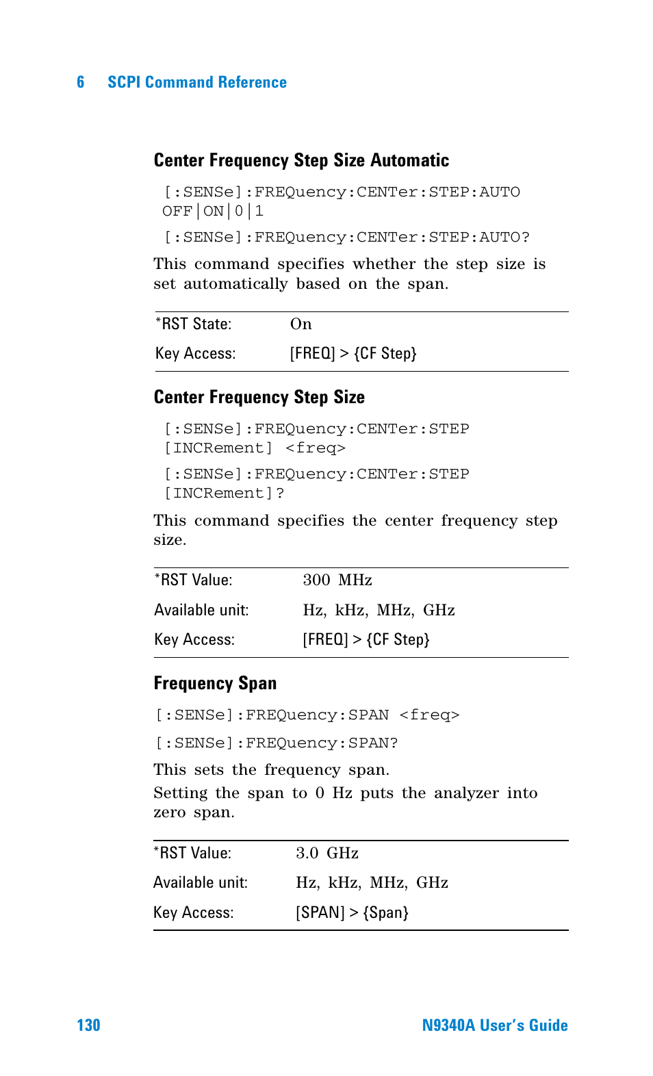 Center frequency step size automatic, Center frequency step size, Frequency span | Agilent Technologies N9340A User Manual | Page 132 / 161