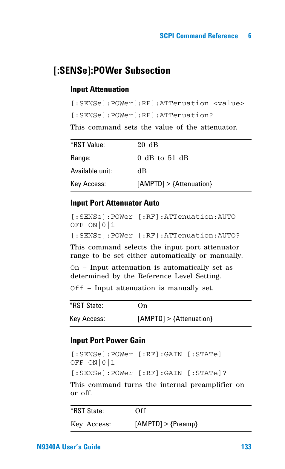 Sense]:power subsection | Agilent Technologies N9340A User Manual | Page 135 / 161