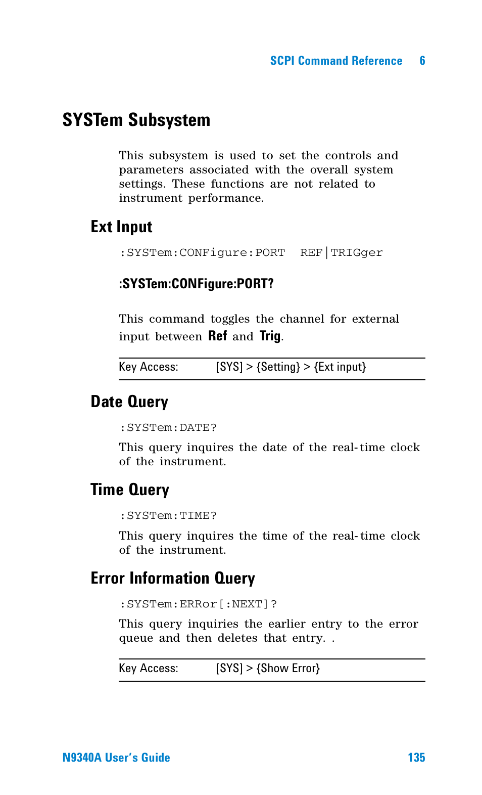 System subsystem, Ext input, Date query | Time query, Error information query | Agilent Technologies N9340A User Manual | Page 137 / 161
