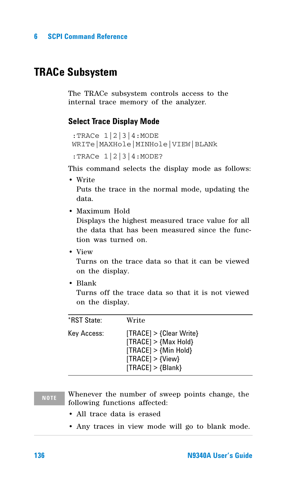 Trace subsystem, Select trace display mode | Agilent Technologies N9340A User Manual | Page 138 / 161