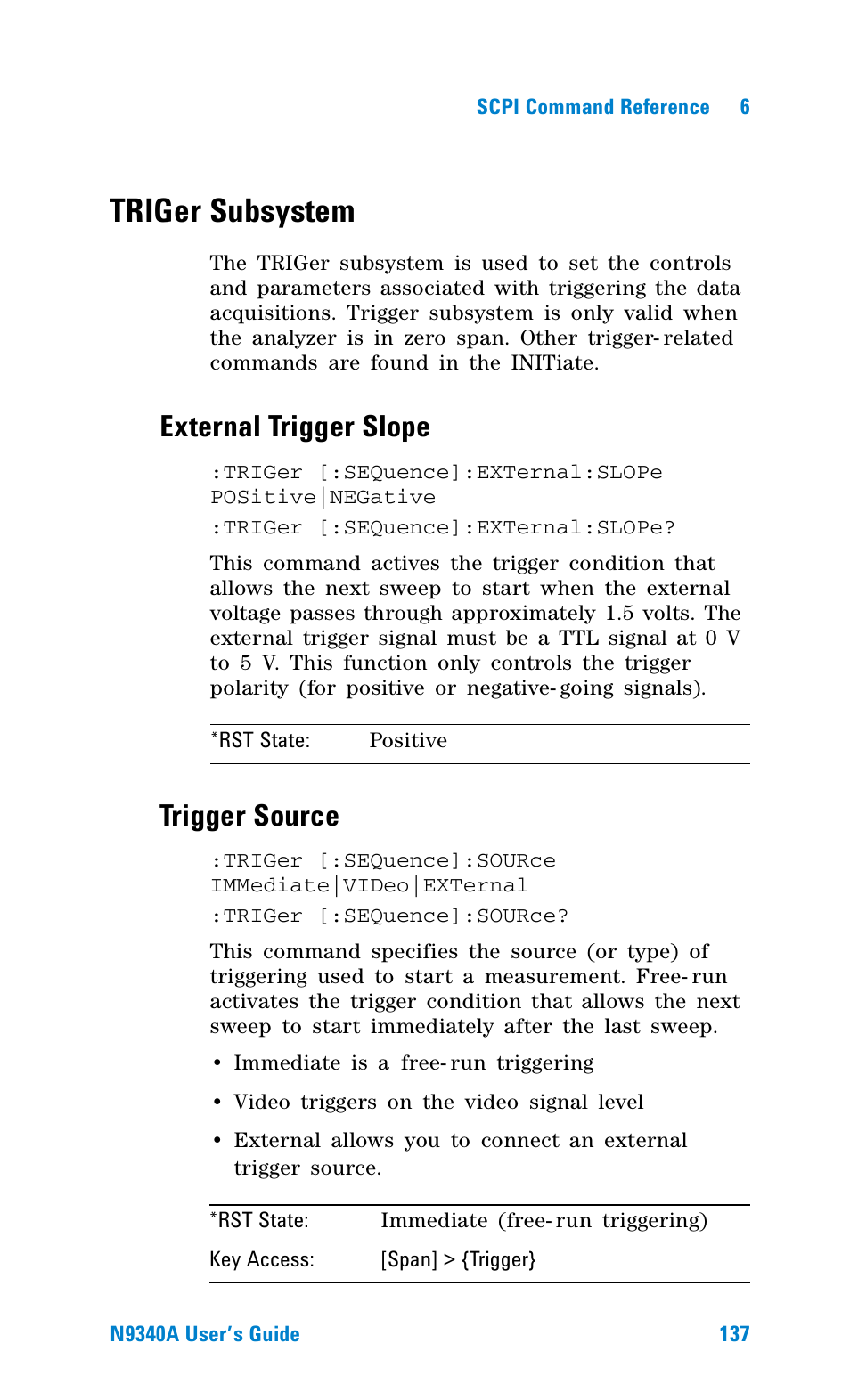 Triger subsystem, External trigger slope, Trigger source | Agilent Technologies N9340A User Manual | Page 139 / 161