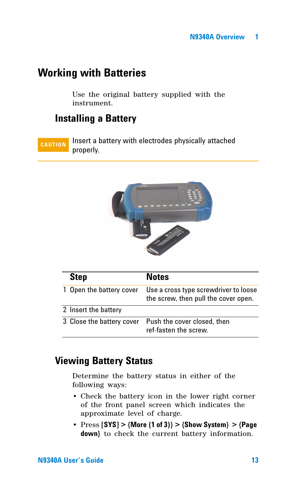 Working with batteries, Installing a battery, Viewing battery status | Installing a battery viewing battery status | Agilent Technologies N9340A User Manual | Page 15 / 161