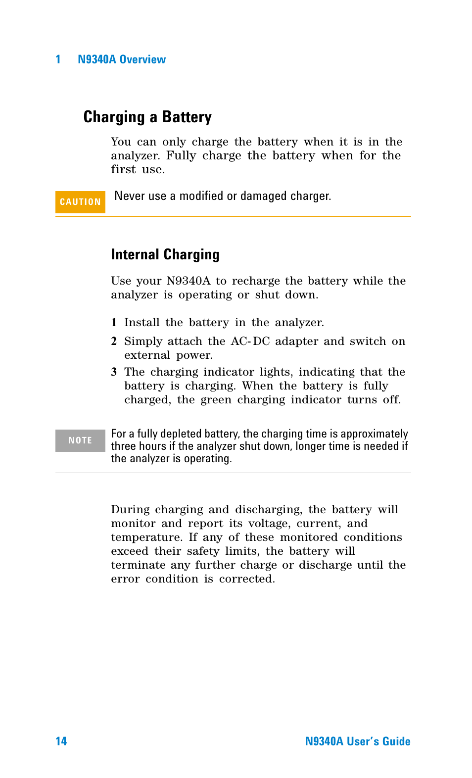 Charging a battery, Internal charging | Agilent Technologies N9340A User Manual | Page 16 / 161