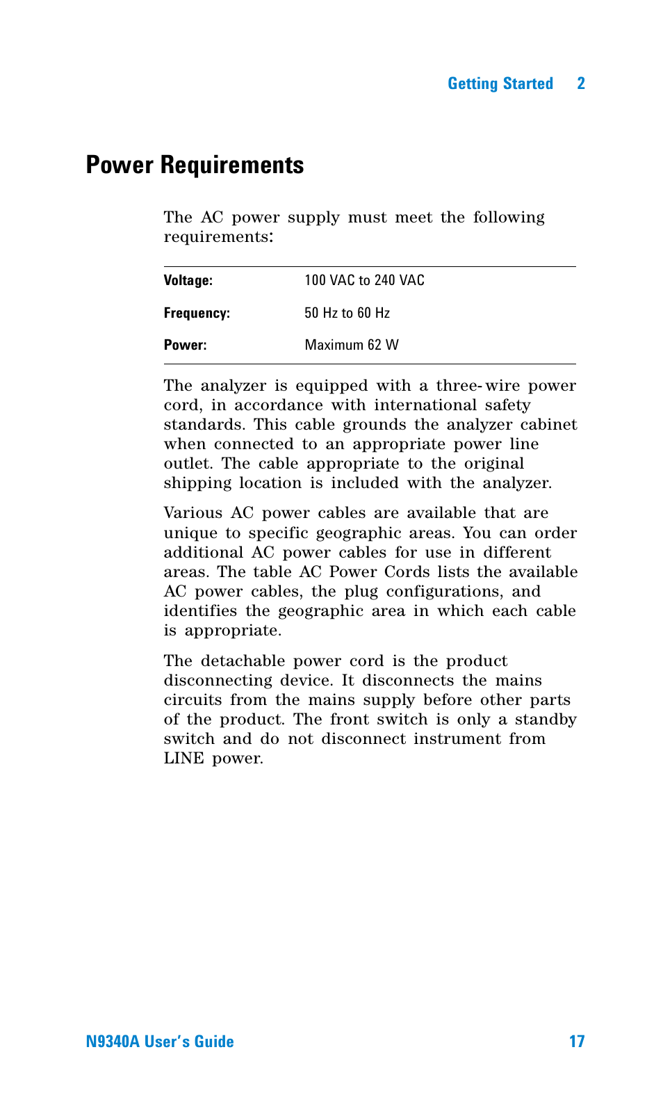 Power requirements | Agilent Technologies N9340A User Manual | Page 19 / 161