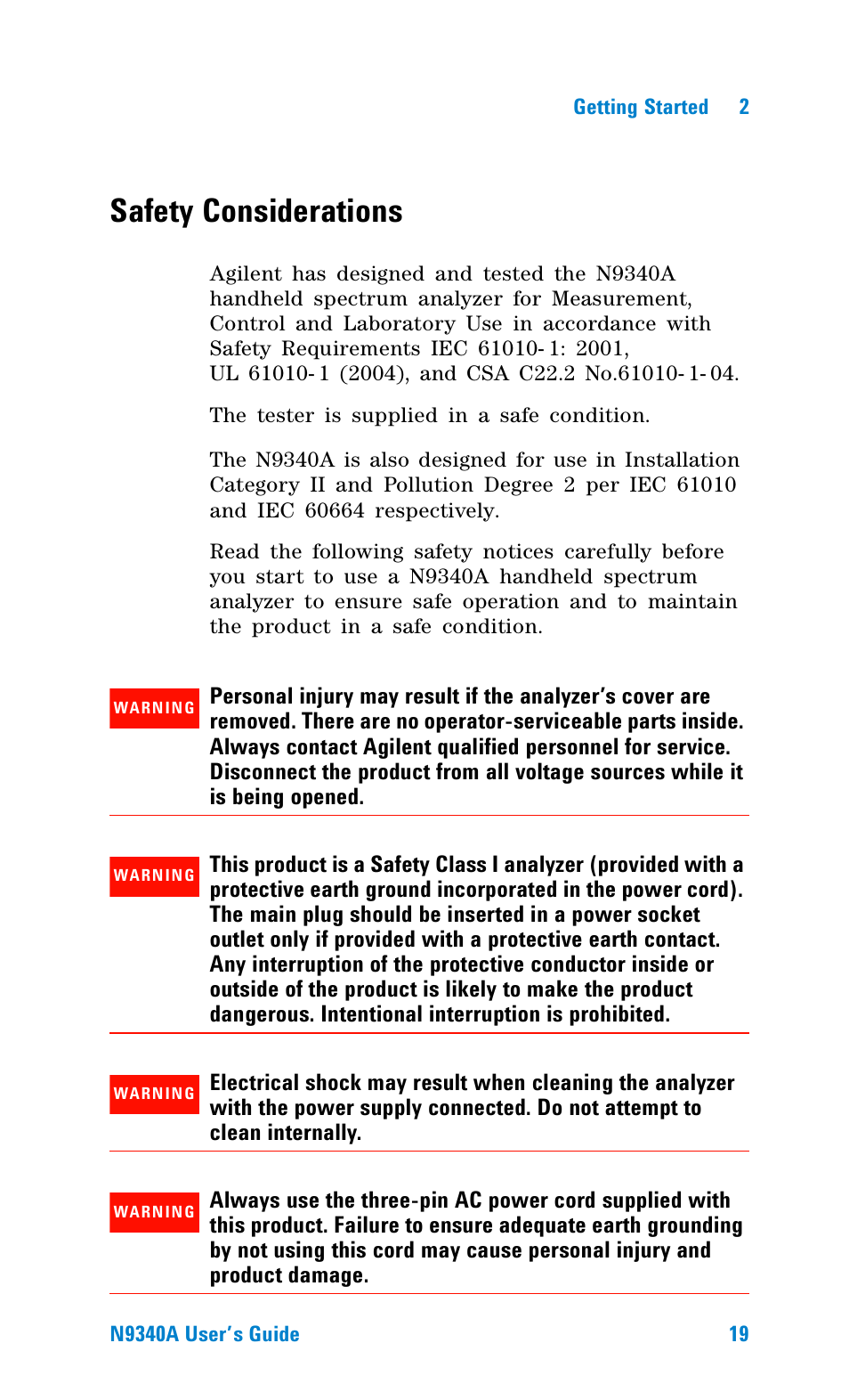 Safety considerations | Agilent Technologies N9340A User Manual | Page 21 / 161