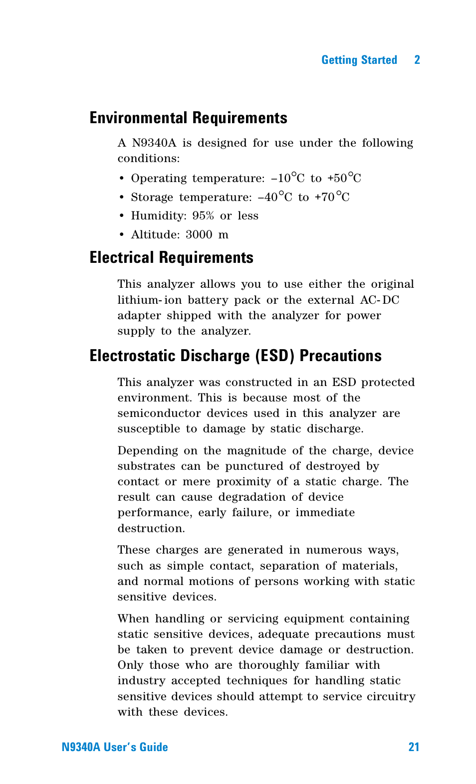 Environmental requirements, Electrical requirements, Electrostatic discharge (esd) precautions | Agilent Technologies N9340A User Manual | Page 23 / 161