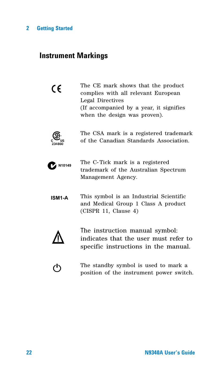 Instrument markings | Agilent Technologies N9340A User Manual | Page 24 / 161