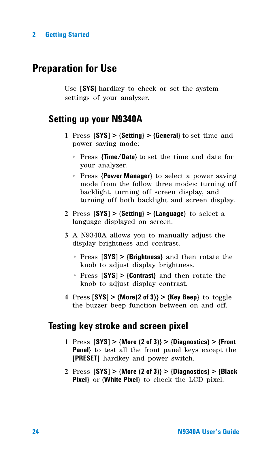 Preparation for use, Setting up your n9340a, Testing key stroke and screen pixel | Agilent Technologies N9340A User Manual | Page 26 / 161